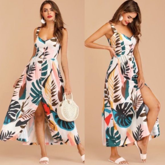 Dresses & Skirts - Tropical Print leaves button down cami Maxi Dress